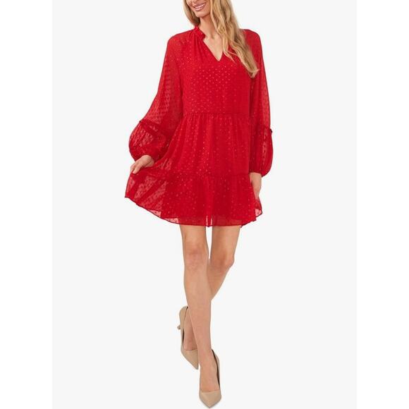 CeCe New Women's Long Sleeve Clip Dot Tiered Mini Dress Red Small Cottagecore - Picture 1 of 10